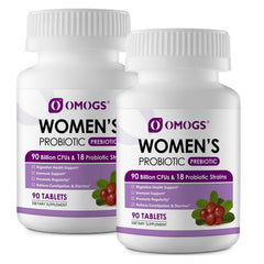 OMOGS women's probiotic bottle promotes gut balance for daily wellness.