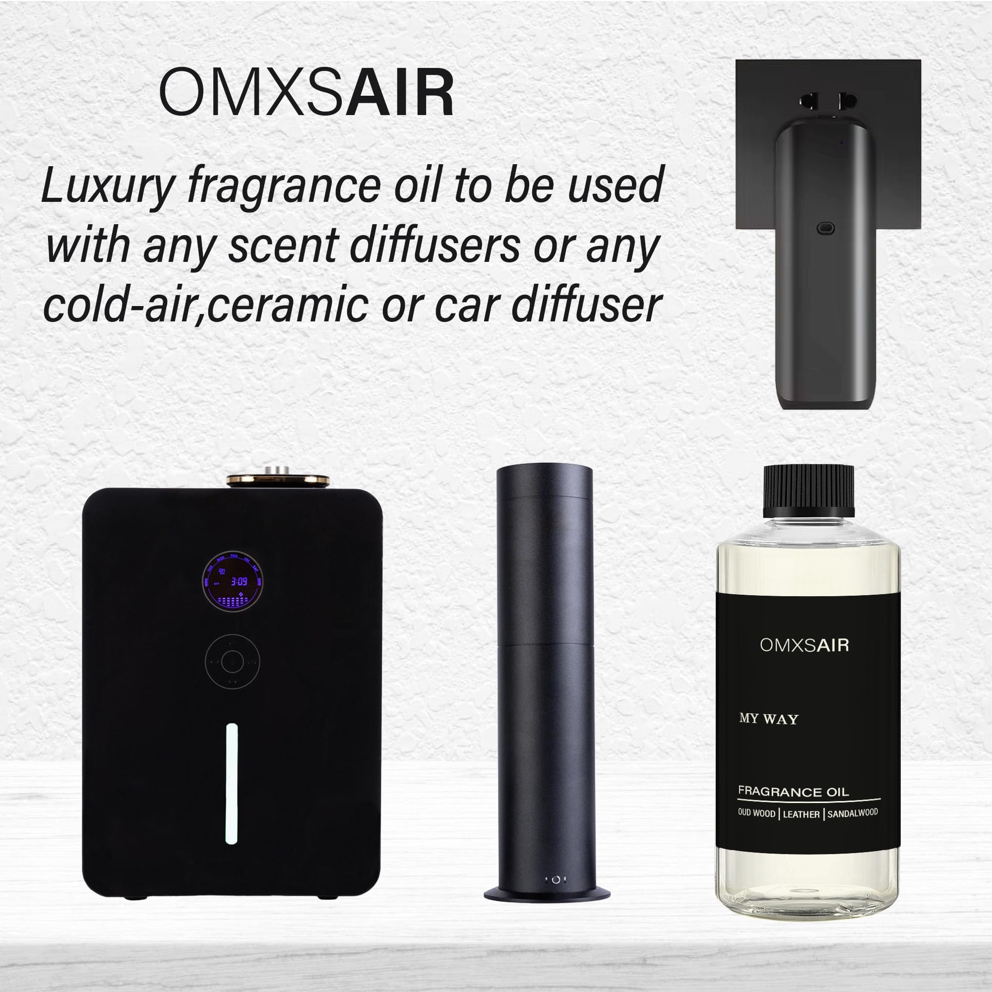 omxsair My Way scent notes image with sandalwood, cedarwood, iris, Tuscan leather and amber