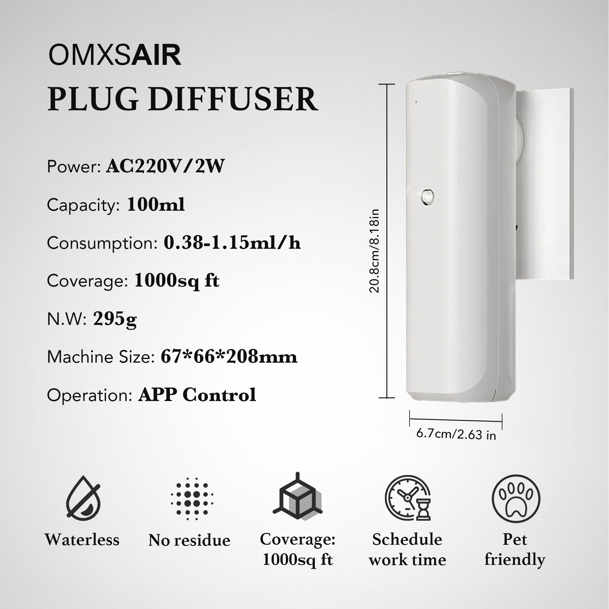 omxsair waterless wall plug diffuser bottle visual showing leak-proof 100ml bottle for clean diffusion