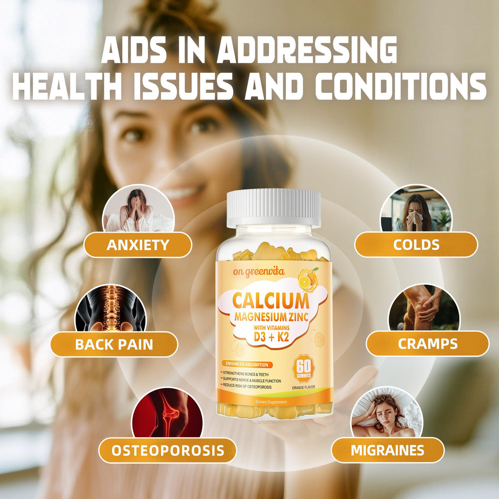 On Greenvita calcium magnesium zinc gummies daily dose bottle with D3 and K2 for balanced wellness