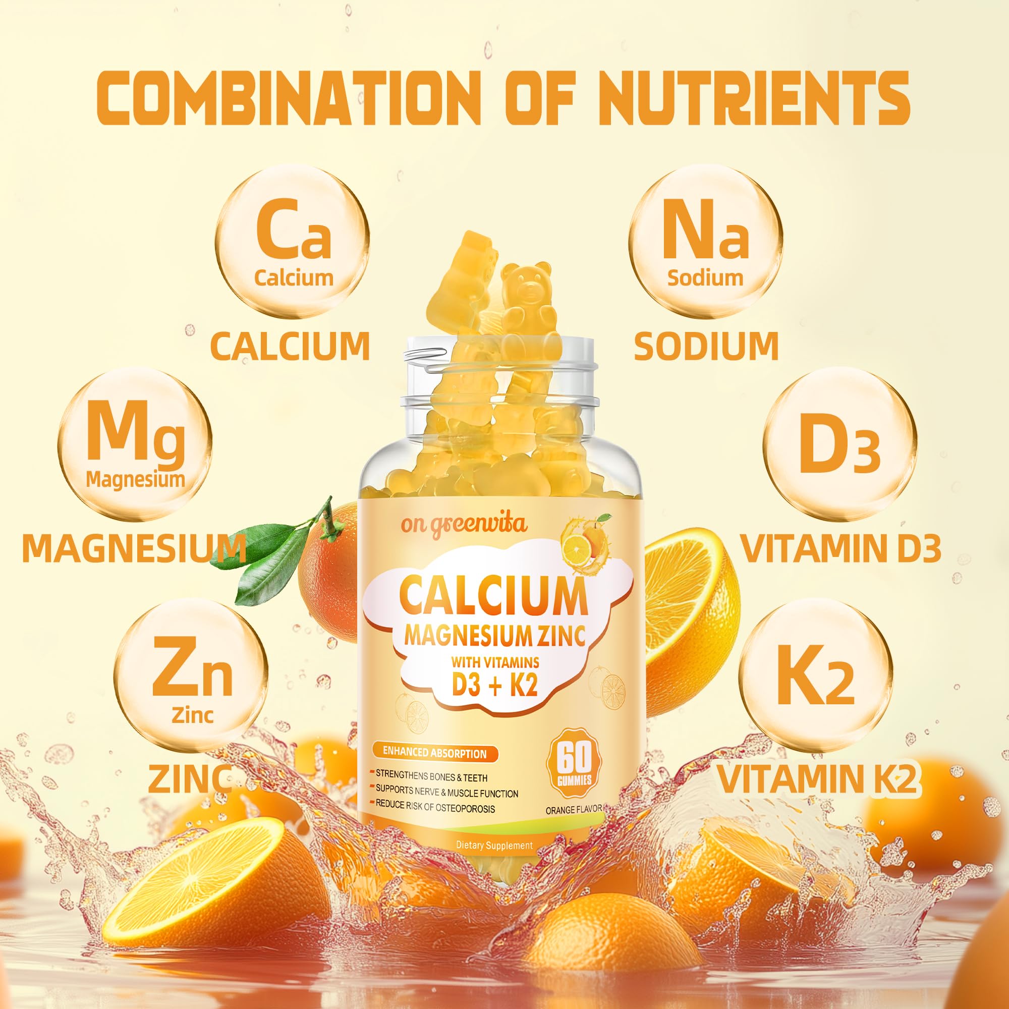 On Greenvita calcium magnesium zinc gummies orange berry flavor closeup boosts flavor appeal