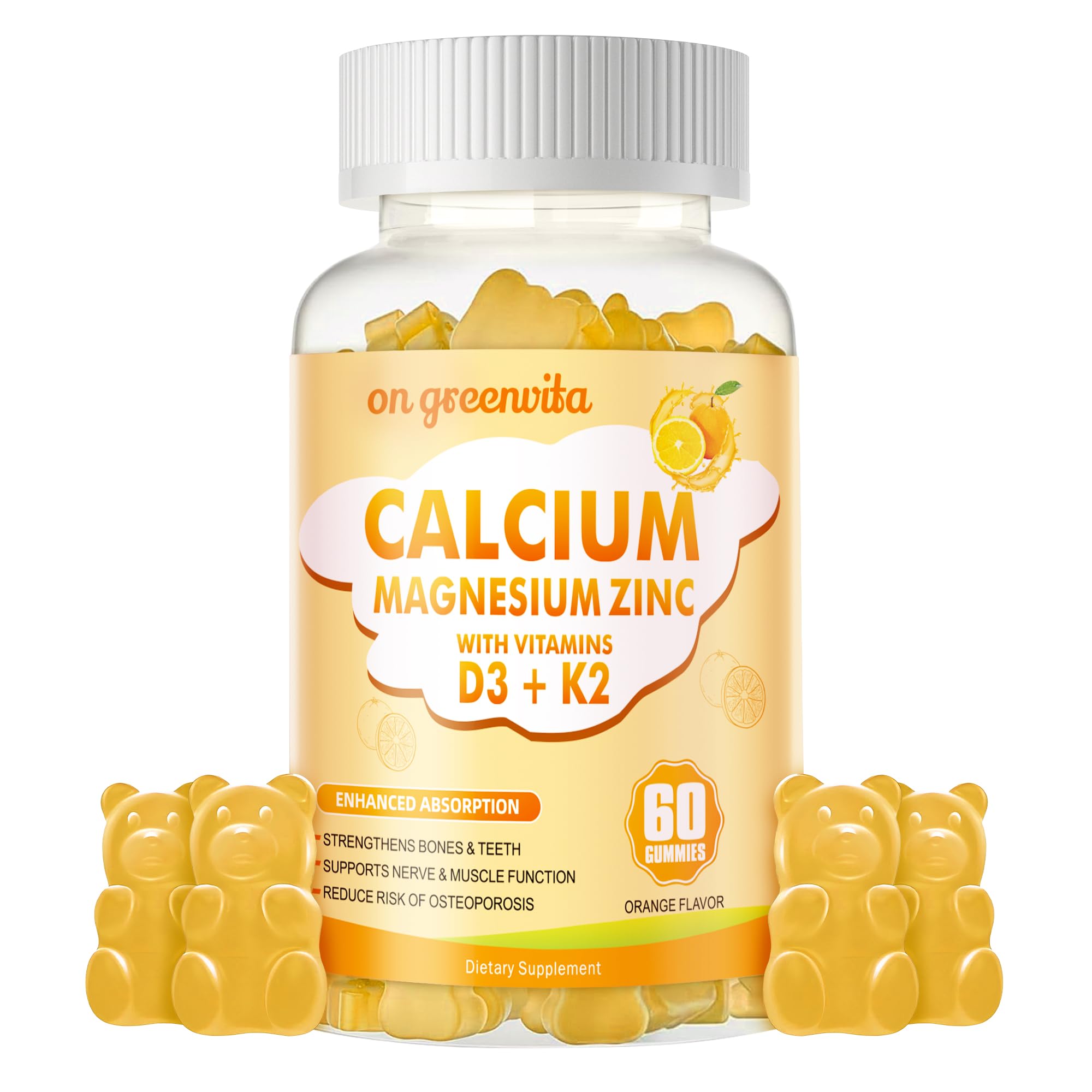 On Greenvita calcium magnesium zinc gummies orange bottle front promotes daily mineral support