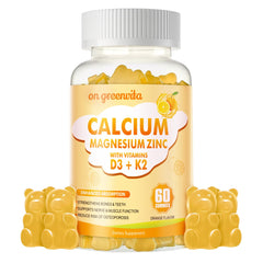 On Greenvita calcium magnesium zinc gummies orange bottle front promotes daily mineral support