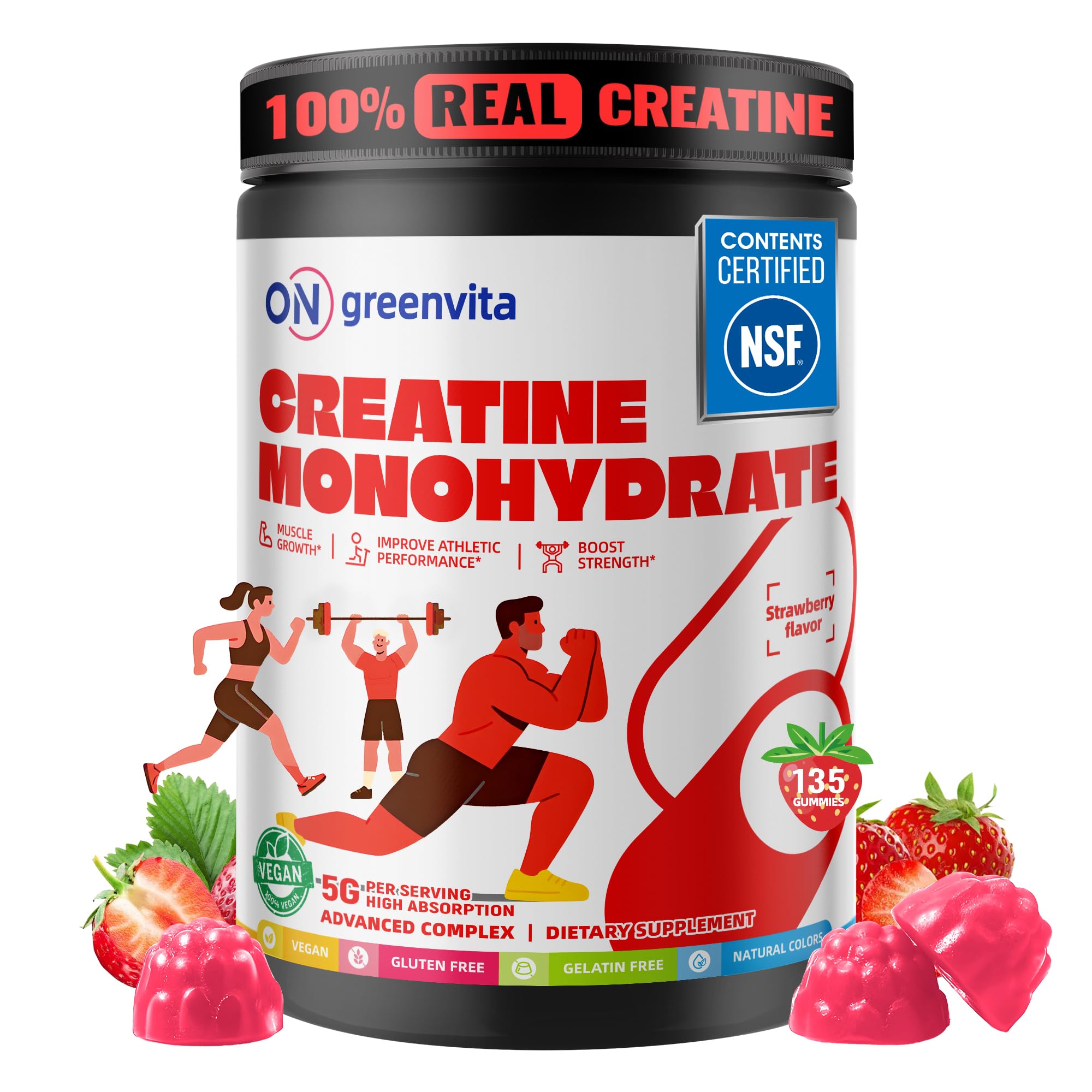 on greenvita creatine gummy bottle shows 5g dose for daily strength and focus