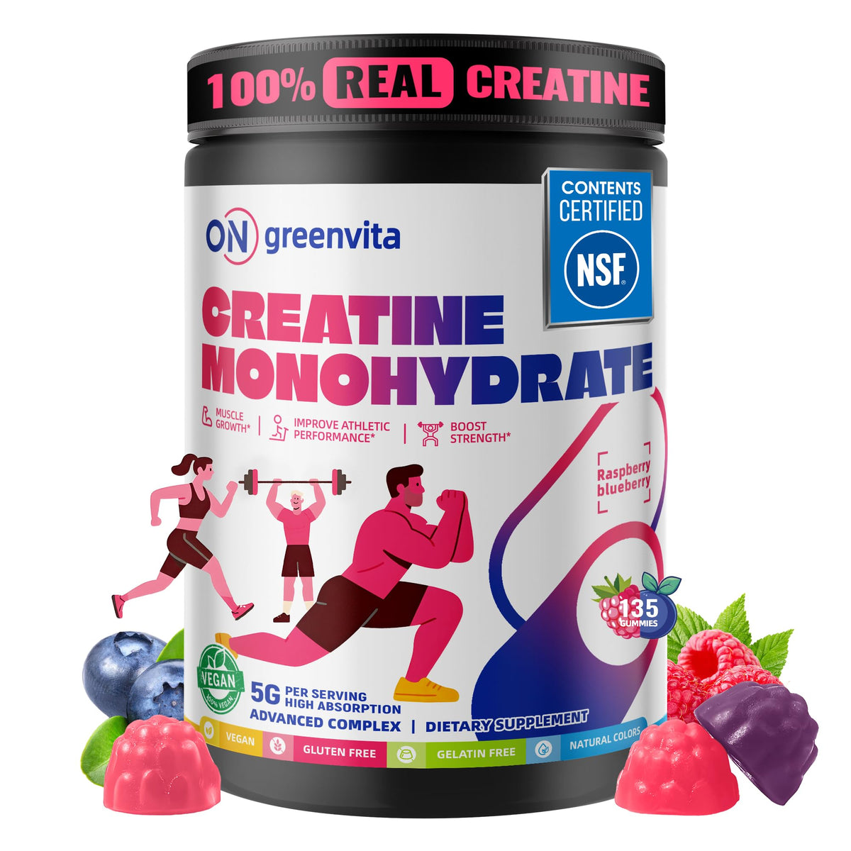 On GreenVita raspberry-blueberry gummy pack for convenient daily performance support.