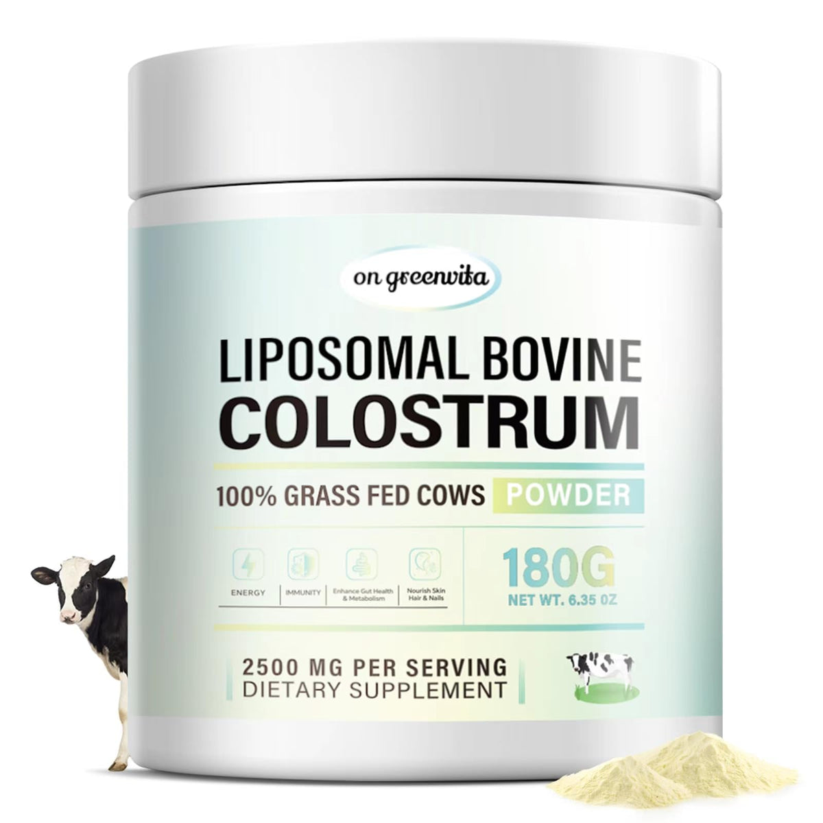 On Greenvita liposomal bovine colostrum powder tin highlighting gut support potential