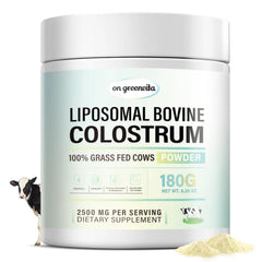 On Greenvita liposomal bovine colostrum powder tin highlighting gut support potential