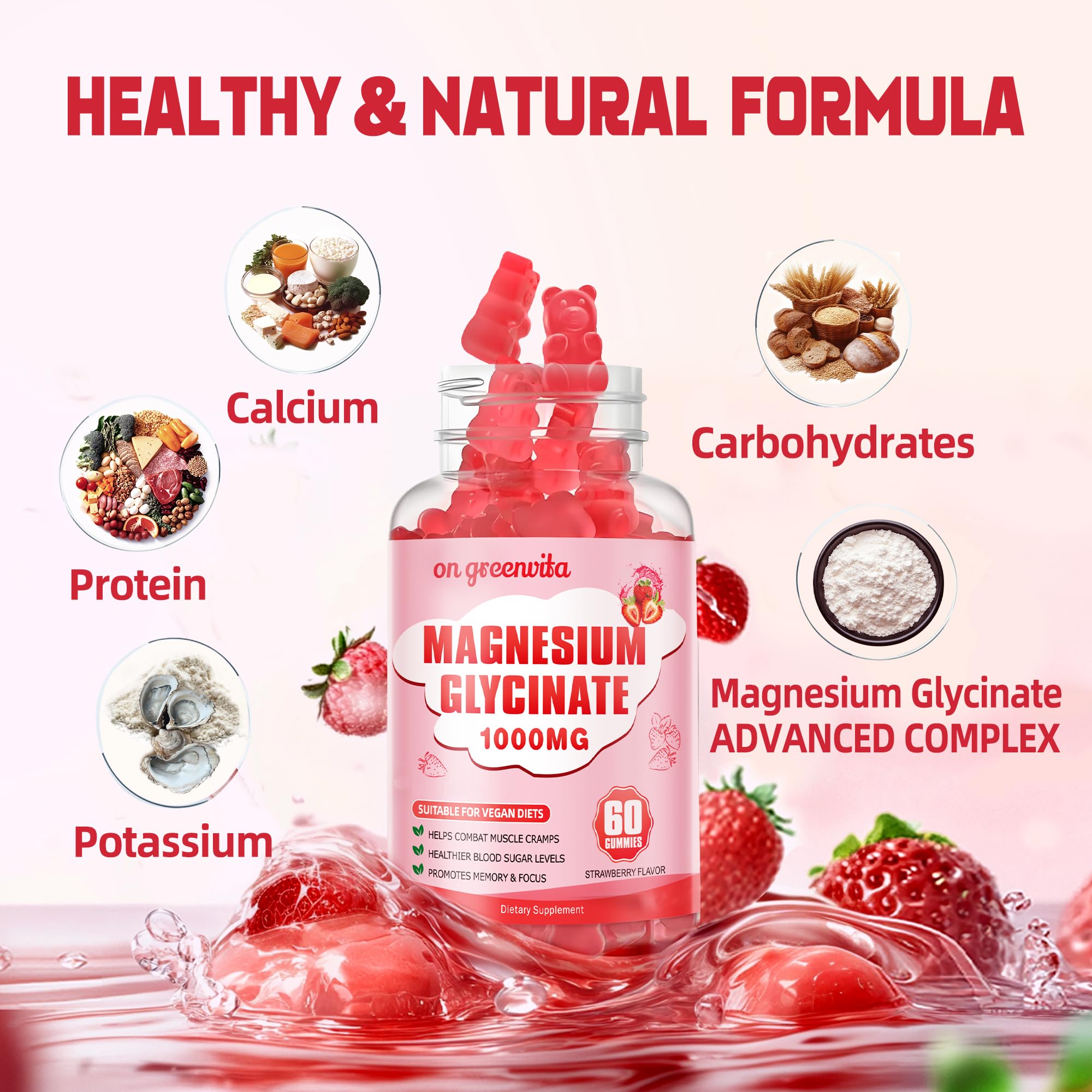 Closeup of strawberry-flavored gummies from On Greenvita brand.