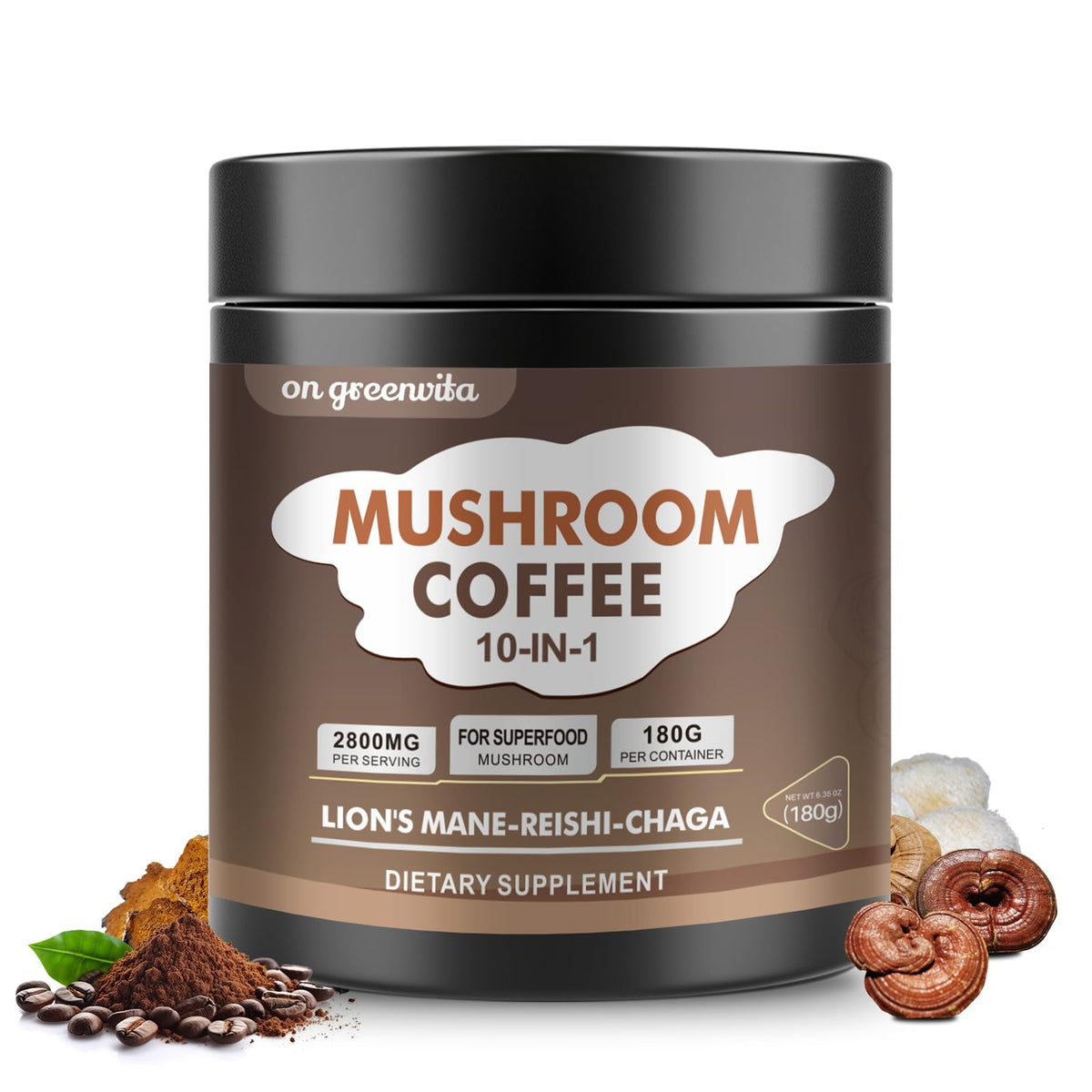 On Greenvita mushroom coffee bottle with energy-boosting 10-mushroom blend