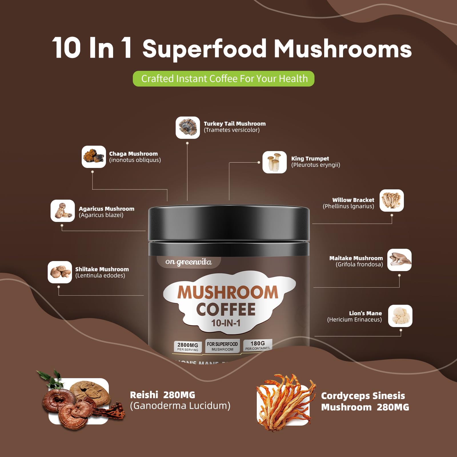 On Greenvita mug of prepared mushroom coffee for steady energy