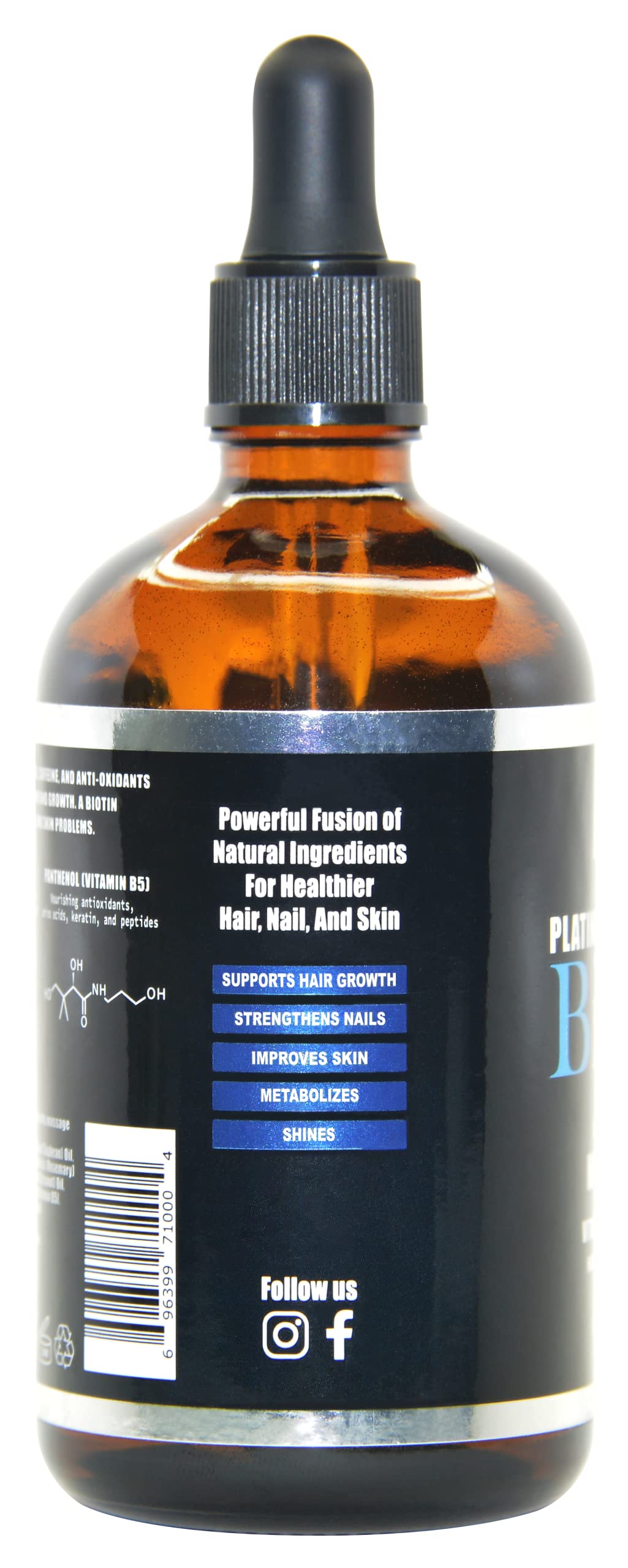 On Natural Platinum Biotin Oil label closeup highlights biotin and caffeine benefits.