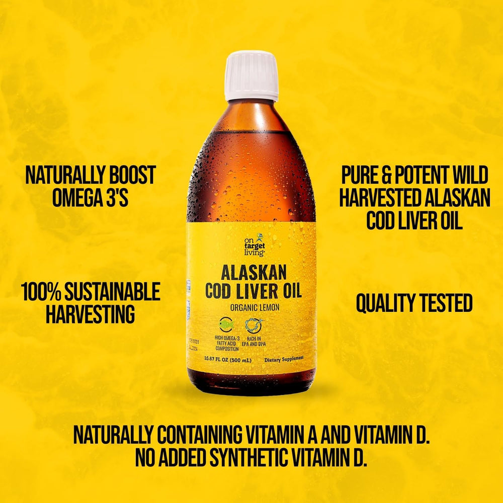 On Target Living lemon-labeled cod liver oil showcases organic lemon taste.