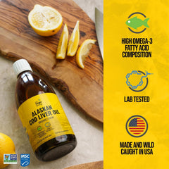 Line-caught Alaska cod liver oil emphasizes sustainable sourcing and purity.