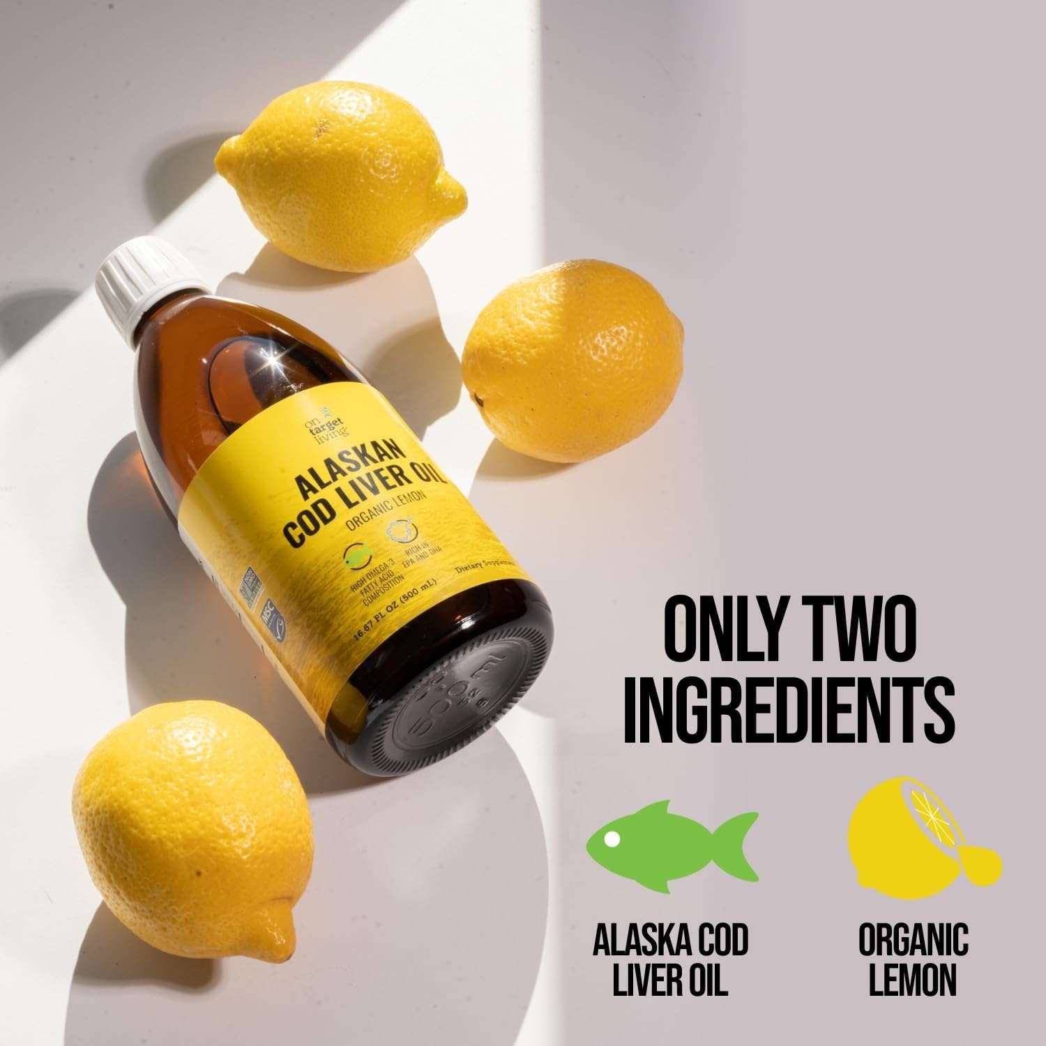 On Target Living MSC-certified cod liver oil highlights sustainable origin.