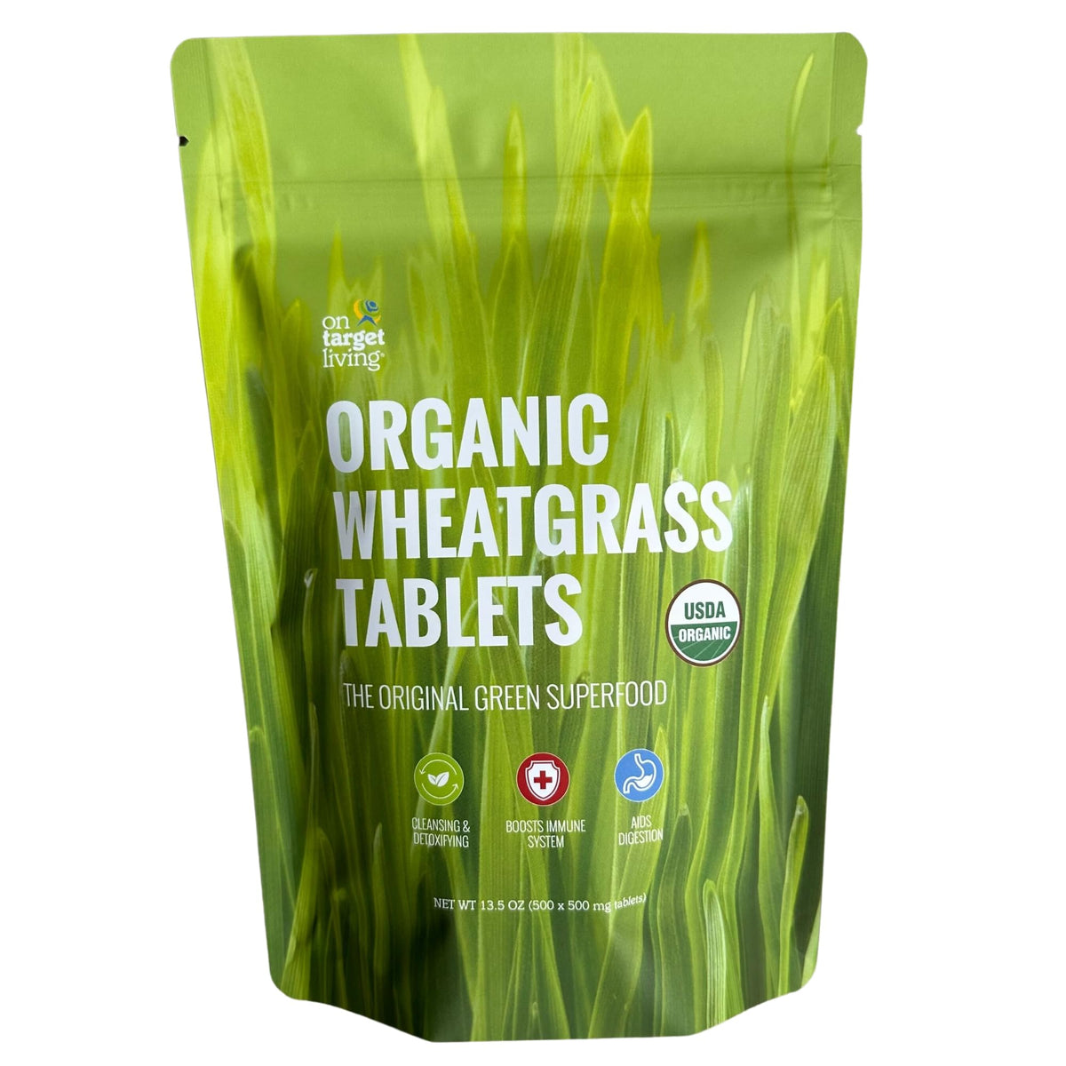 On Target Living Wheatgrass Tablets bottle front showing brand and greens form