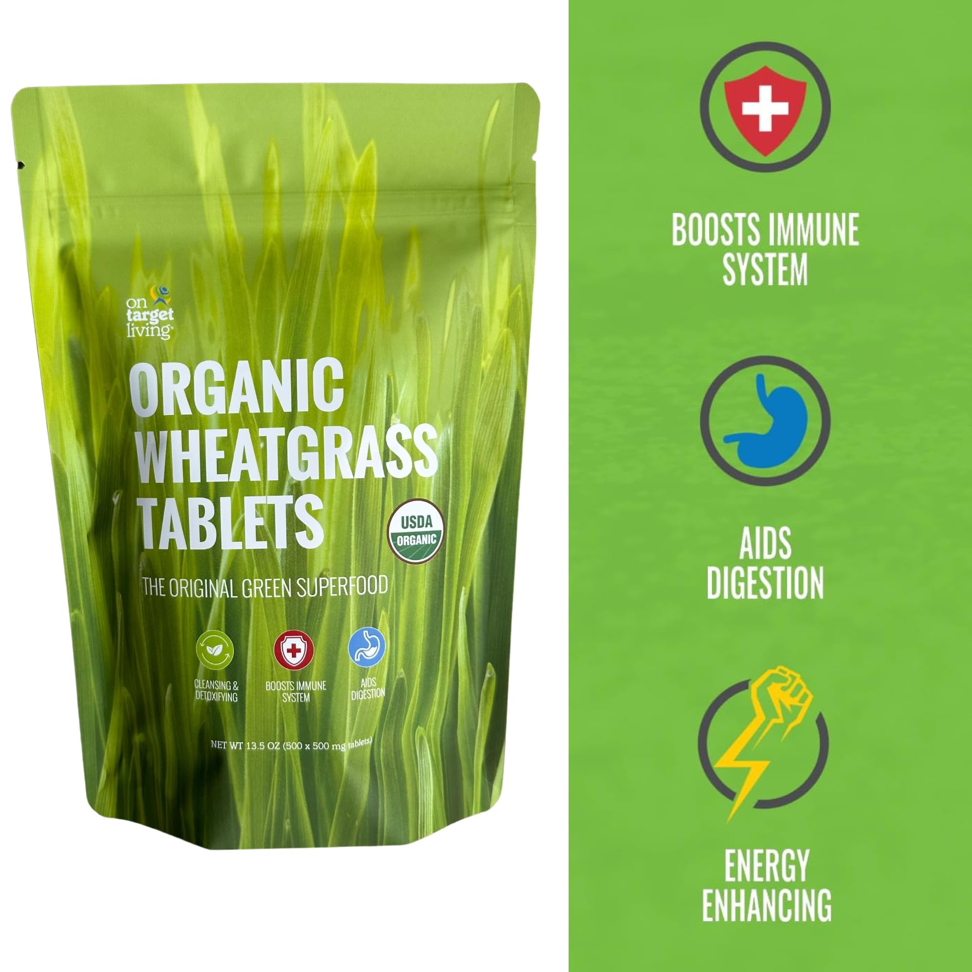 Close-up of On Target Living Wheatgrass Tablets highlighting mineral-rich texture