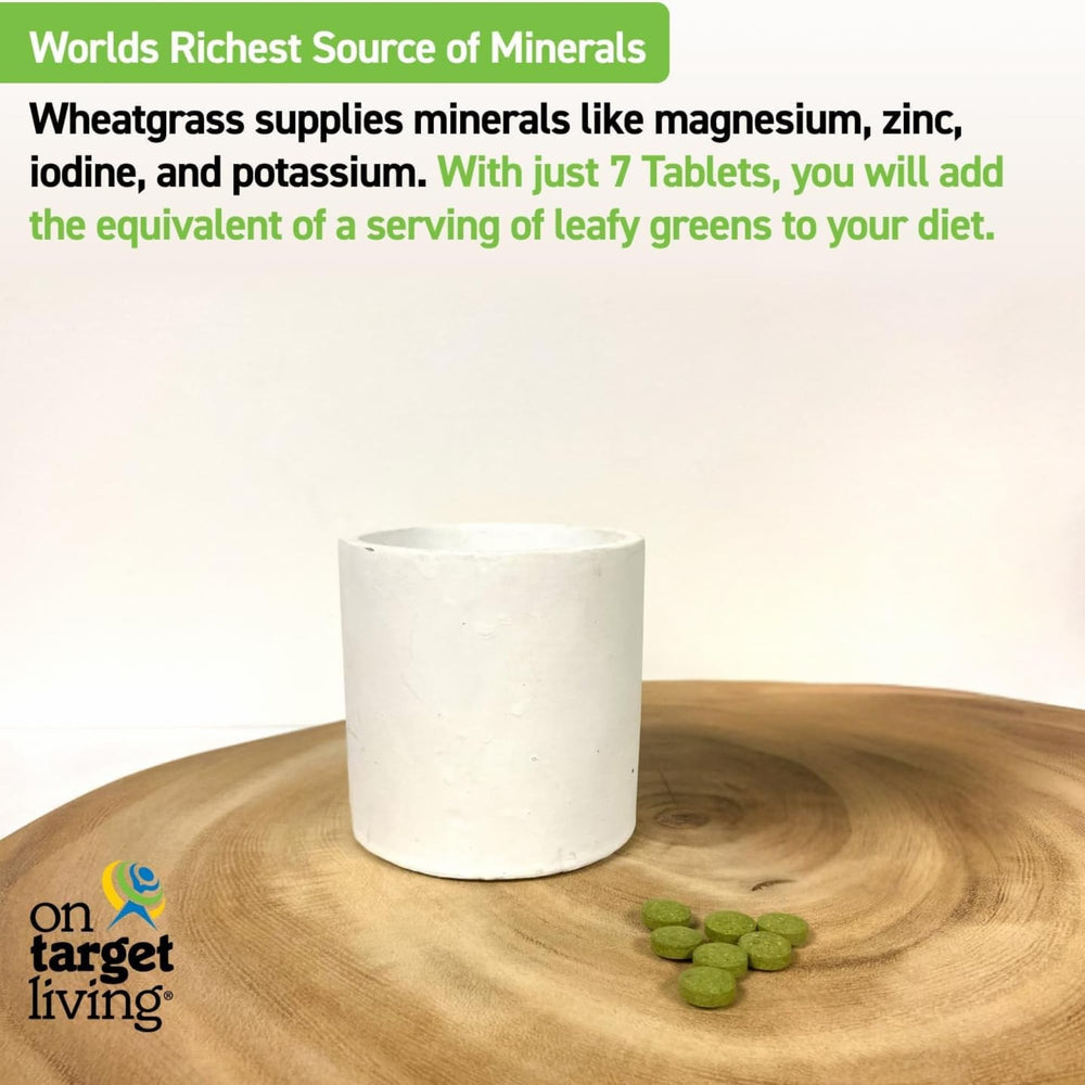On Target Living Wheatgrass Tablets stirred into juice for convenient greens