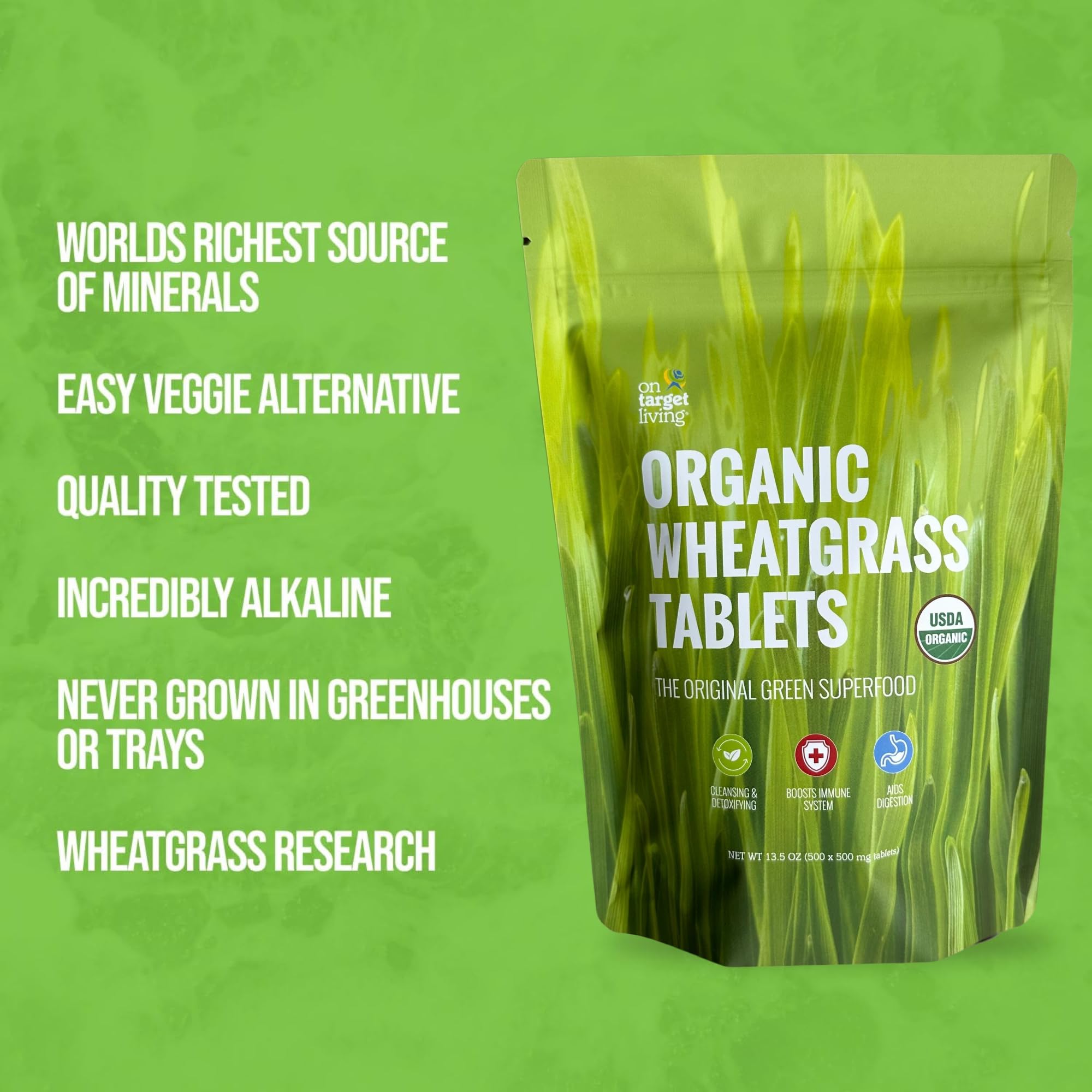 Pouring On Target Living Wheatgrass Tablets from bottle for daily use