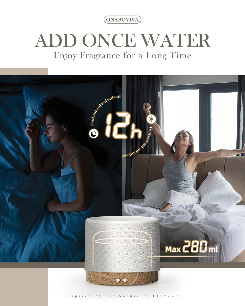 Onaboviva 280ml diffuser suitable for extended use in large rooms.