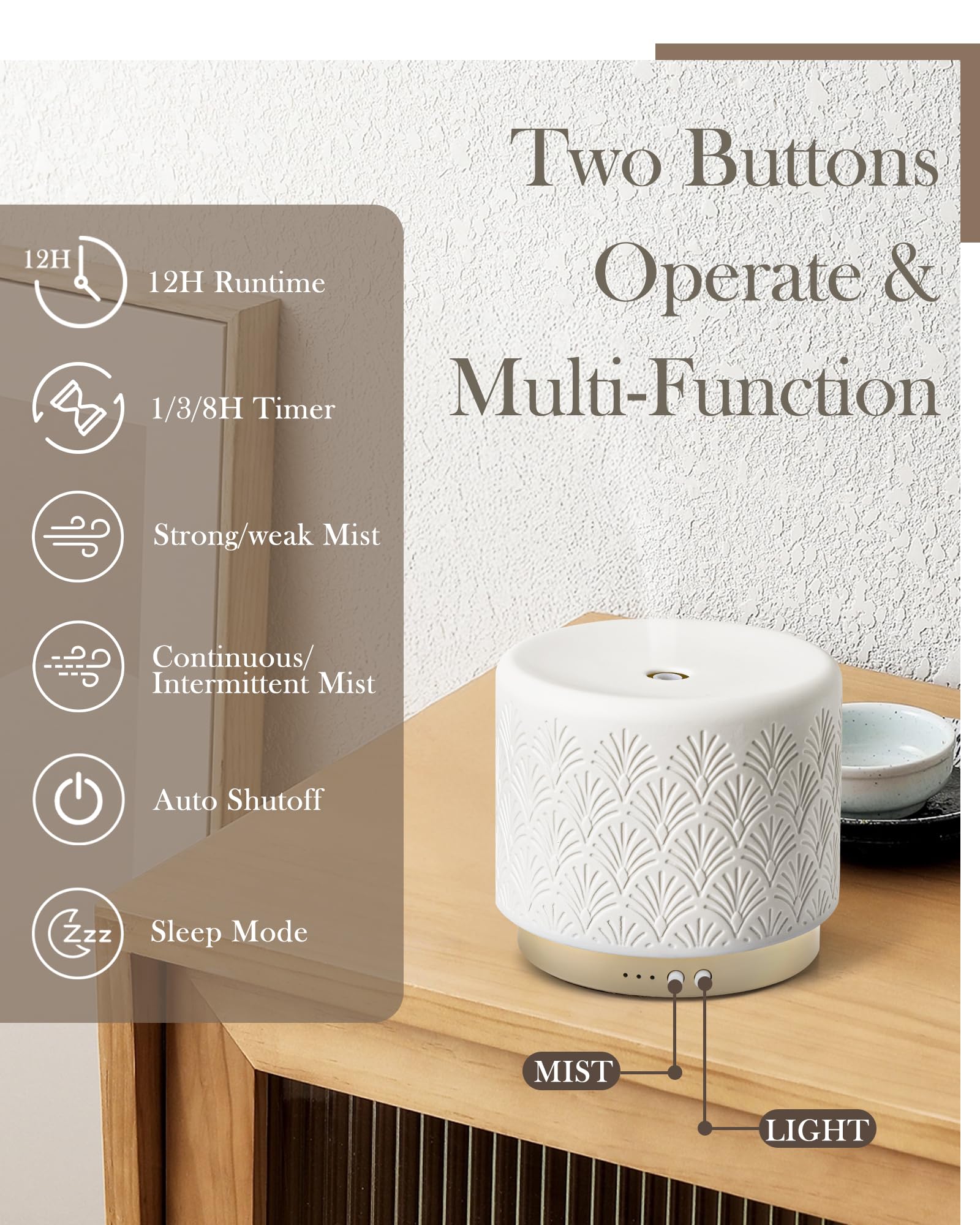 Onaboviva diffuser with 280ml capacity powers long-lasting aroma in large rooms.