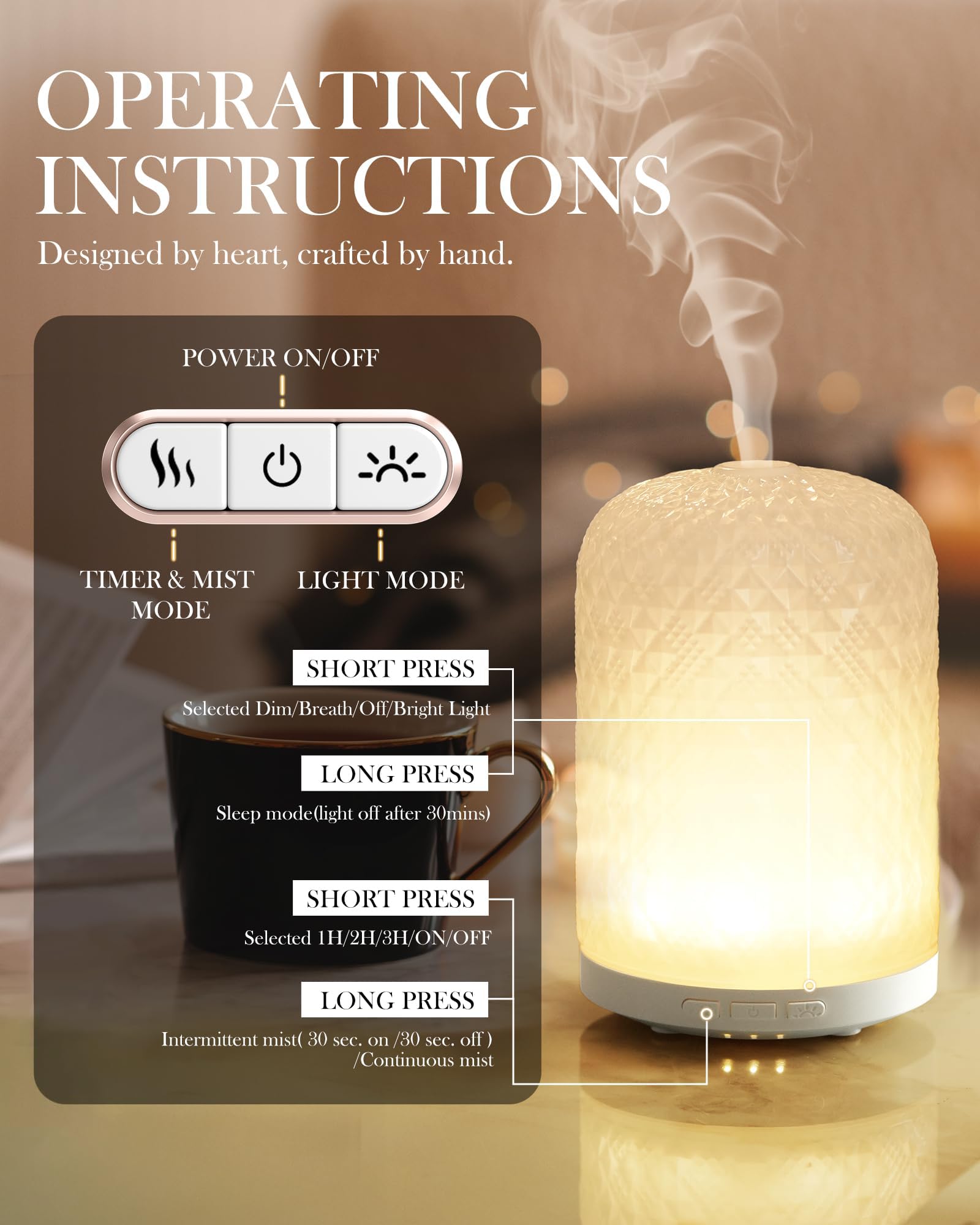 Onaboviva’s compact 120ml diffuser fits desks and nightstands easily