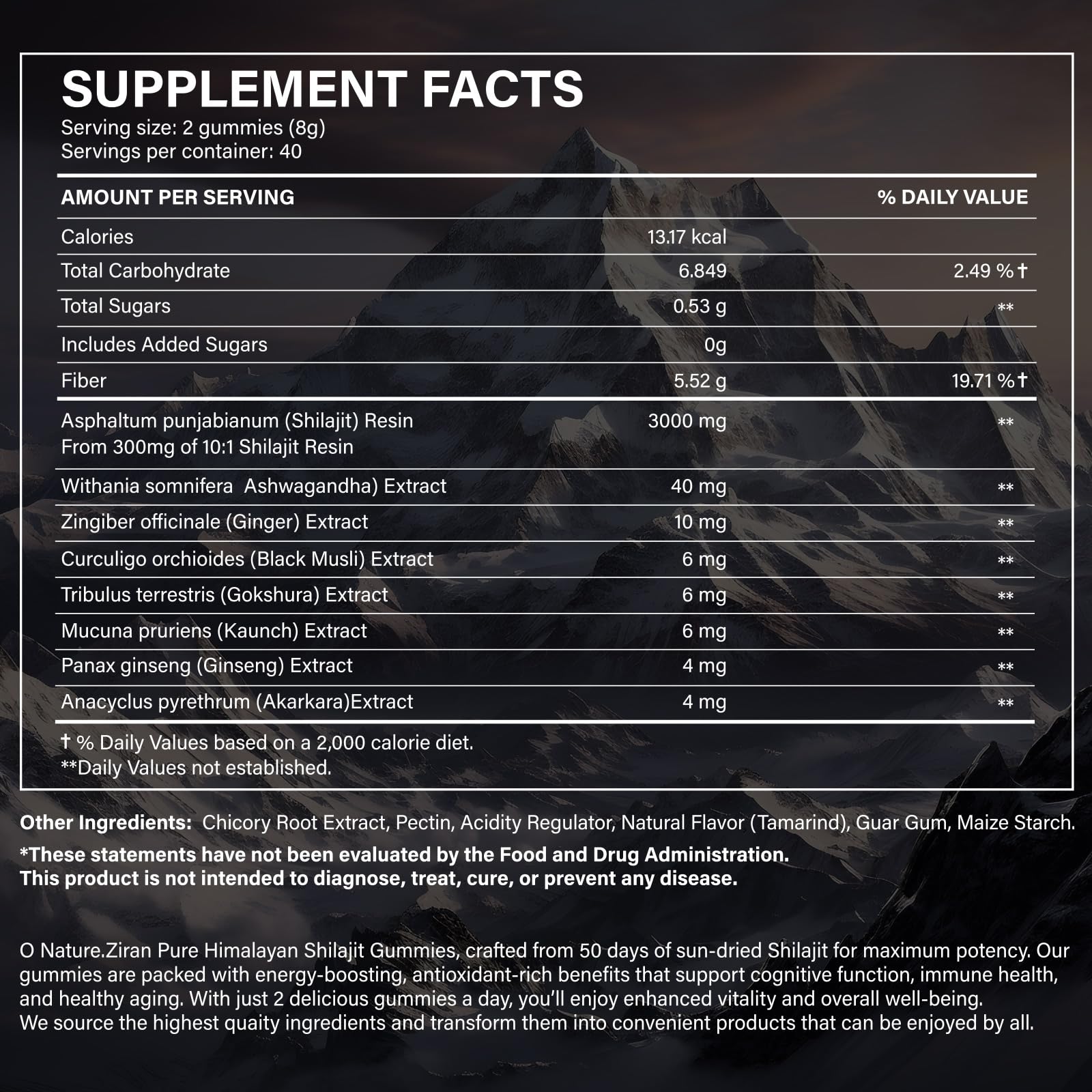 O NATURE . ZIRAN Shilajit Gummies ashwagandha blend close-up highlights natural herbs.