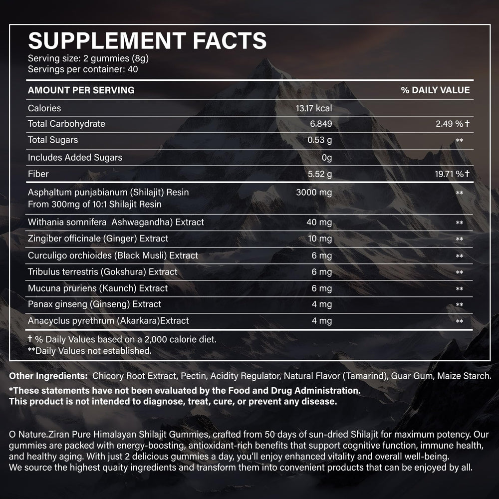 O NATURE . ZIRAN Shilajit Gummies ashwagandha blend close-up highlights natural herbs.