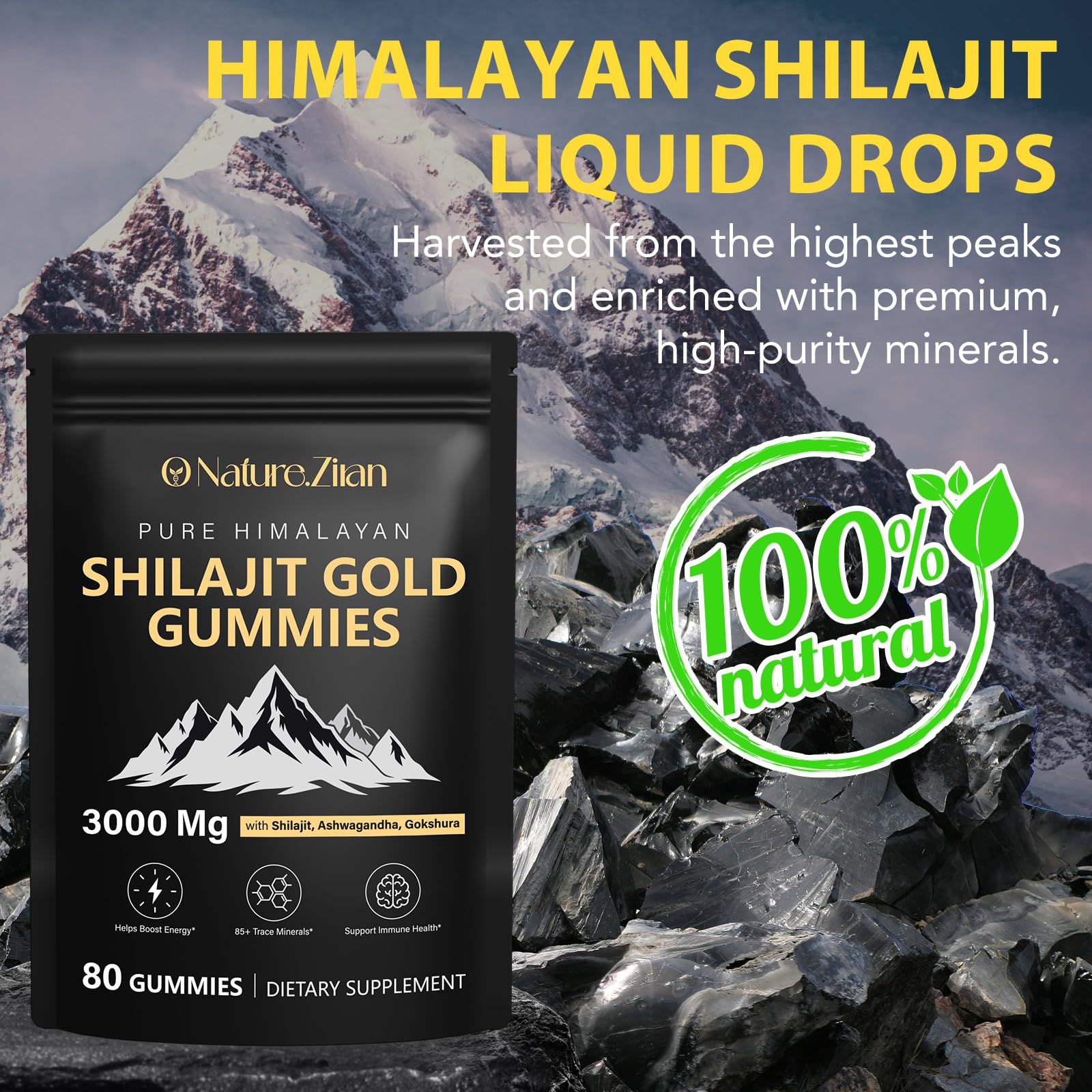 O NATURE . ZIRAN Shilajit Gummies close-up texture for easy chewing on the go.