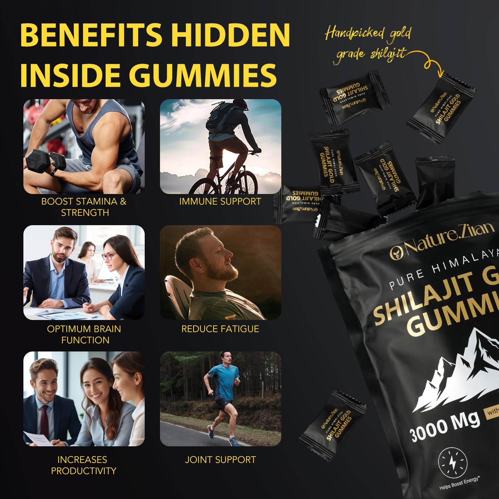 O NATURE . ZIRAN Shilajit Gummies packaging shows premium quality for trust.
