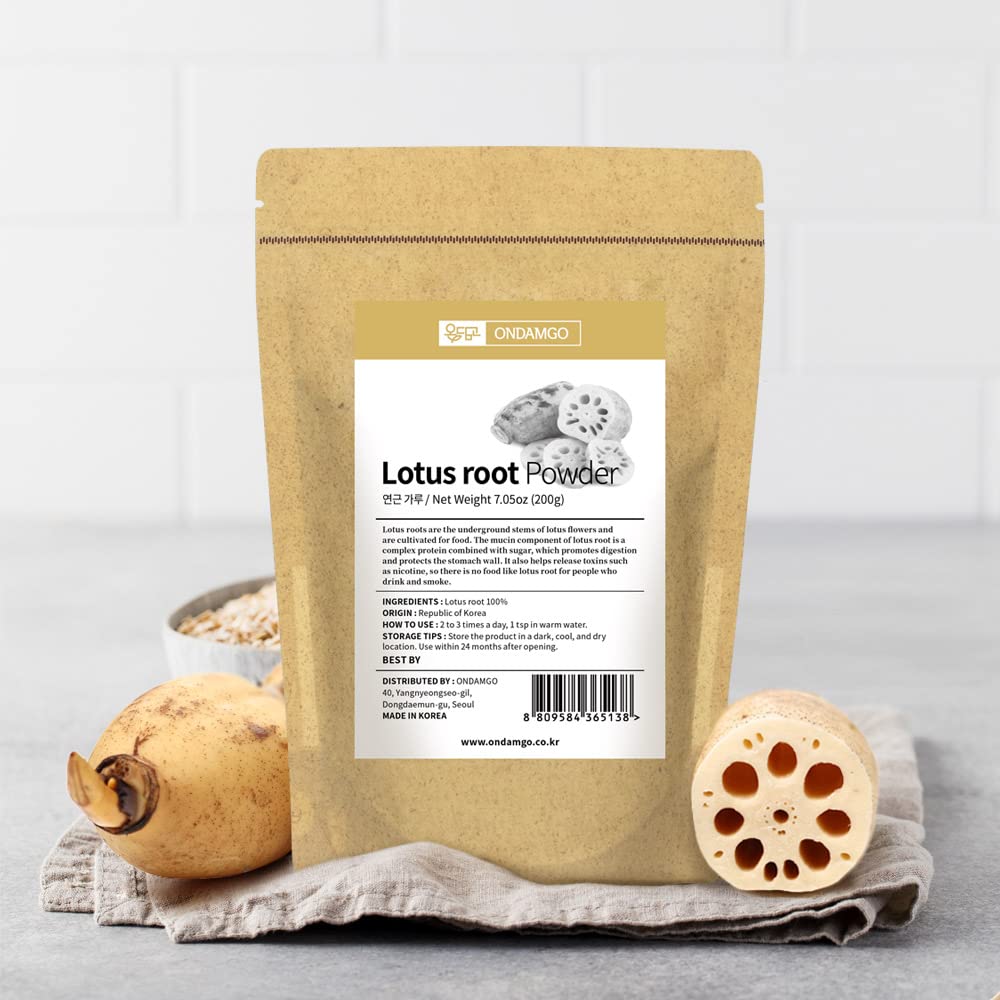 ONDAMGO Korean Lotus Root Powder scoop shows precise portions for 1 to 4 teaspoons servings.