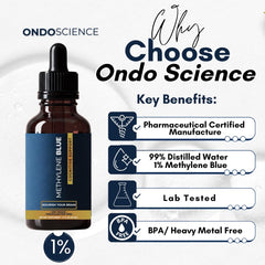 Ondo Science methylene blue drops pour for precise dosing.