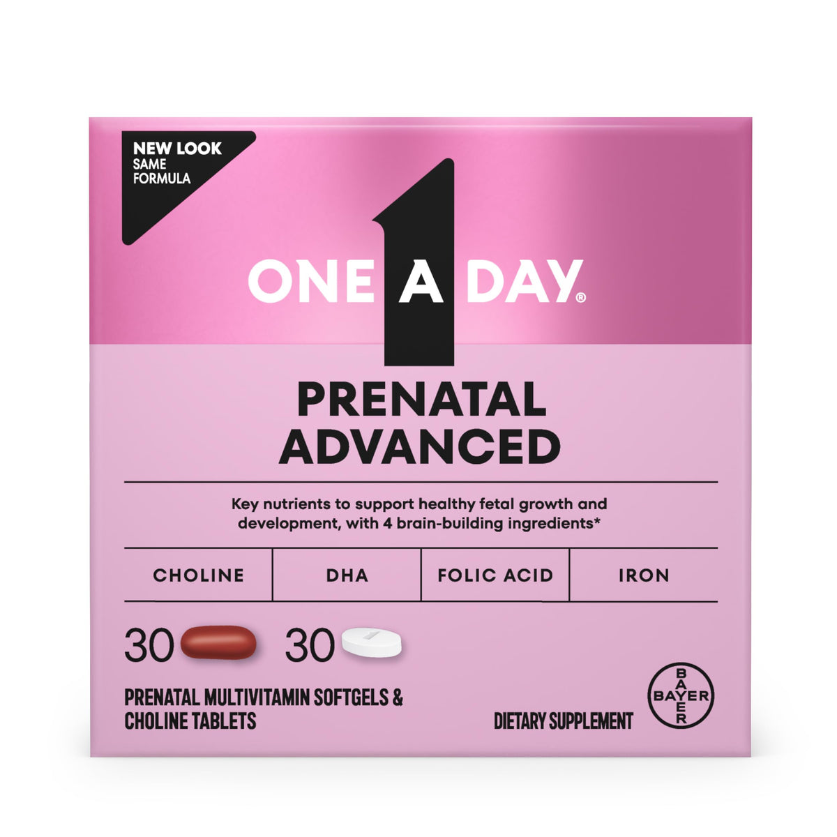 One A Day Prenatal Advanced bottle with pills supporting prenatal brain nutrition