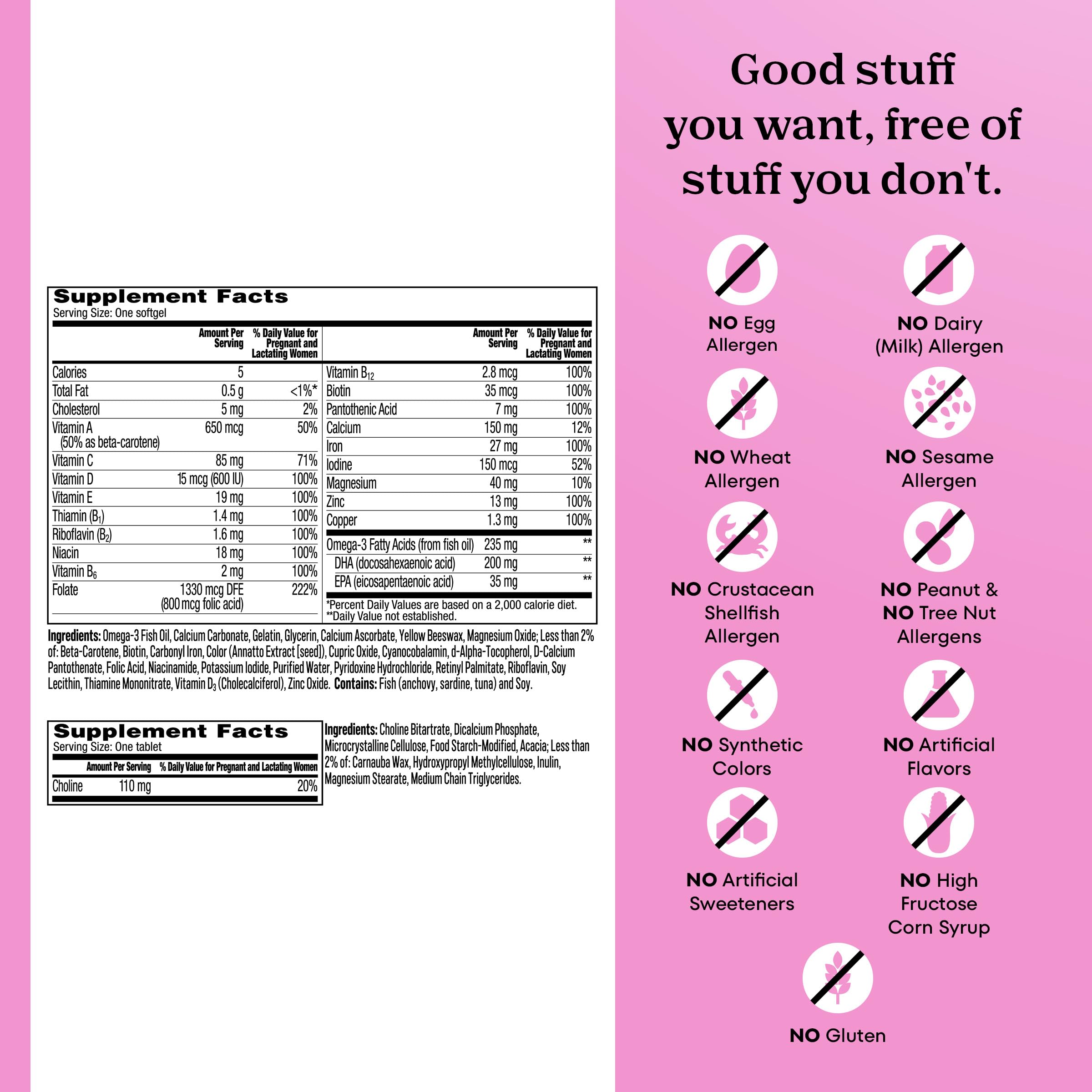 Nutrition label close-up highlighting DHA and iron content in One A Day Prenatal Advanced