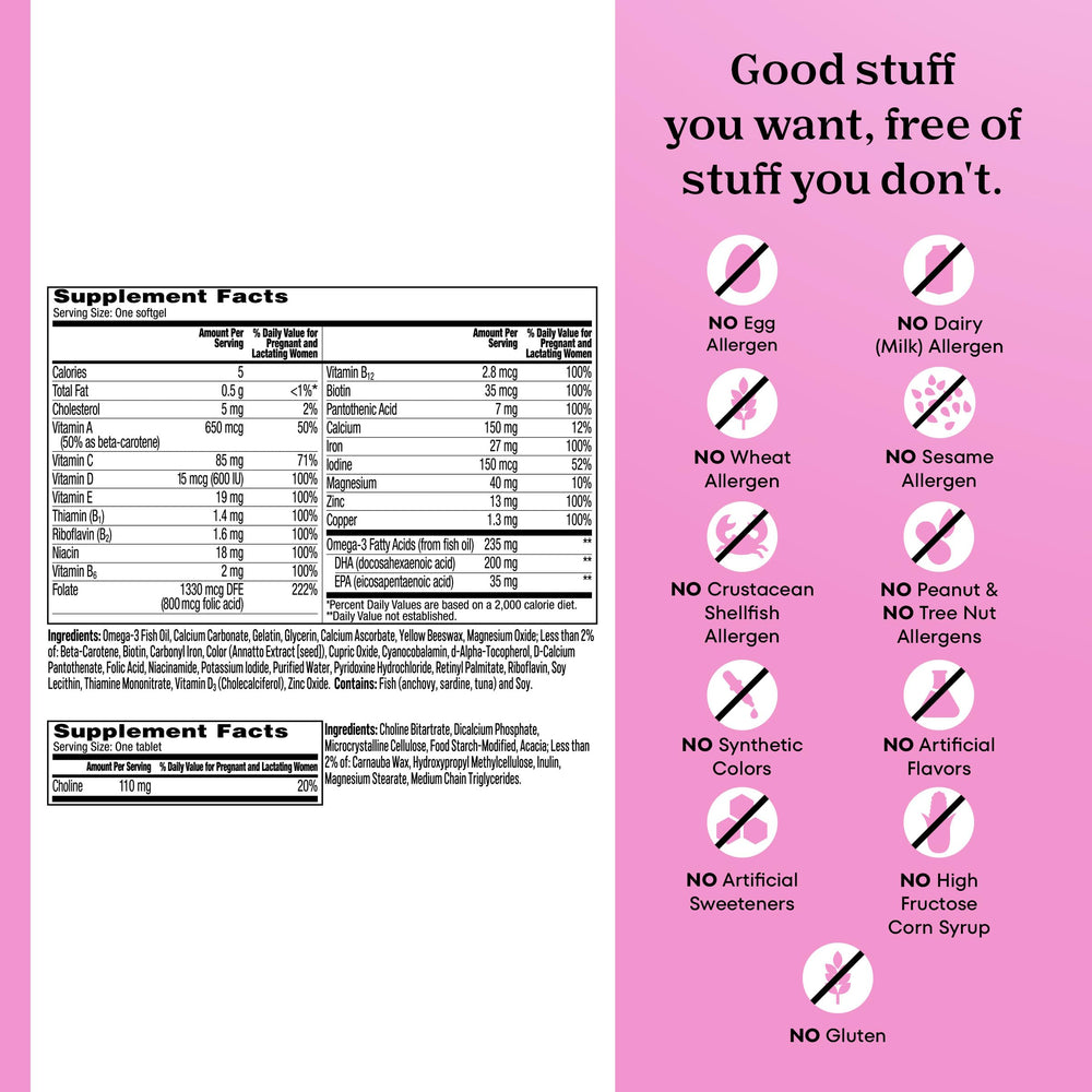 Nutrition label close-up highlighting DHA and iron content in One A Day Prenatal Advanced