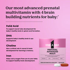 Mixed tablets and softgels from One A Day Prenatal Advanced for daily brain development support
