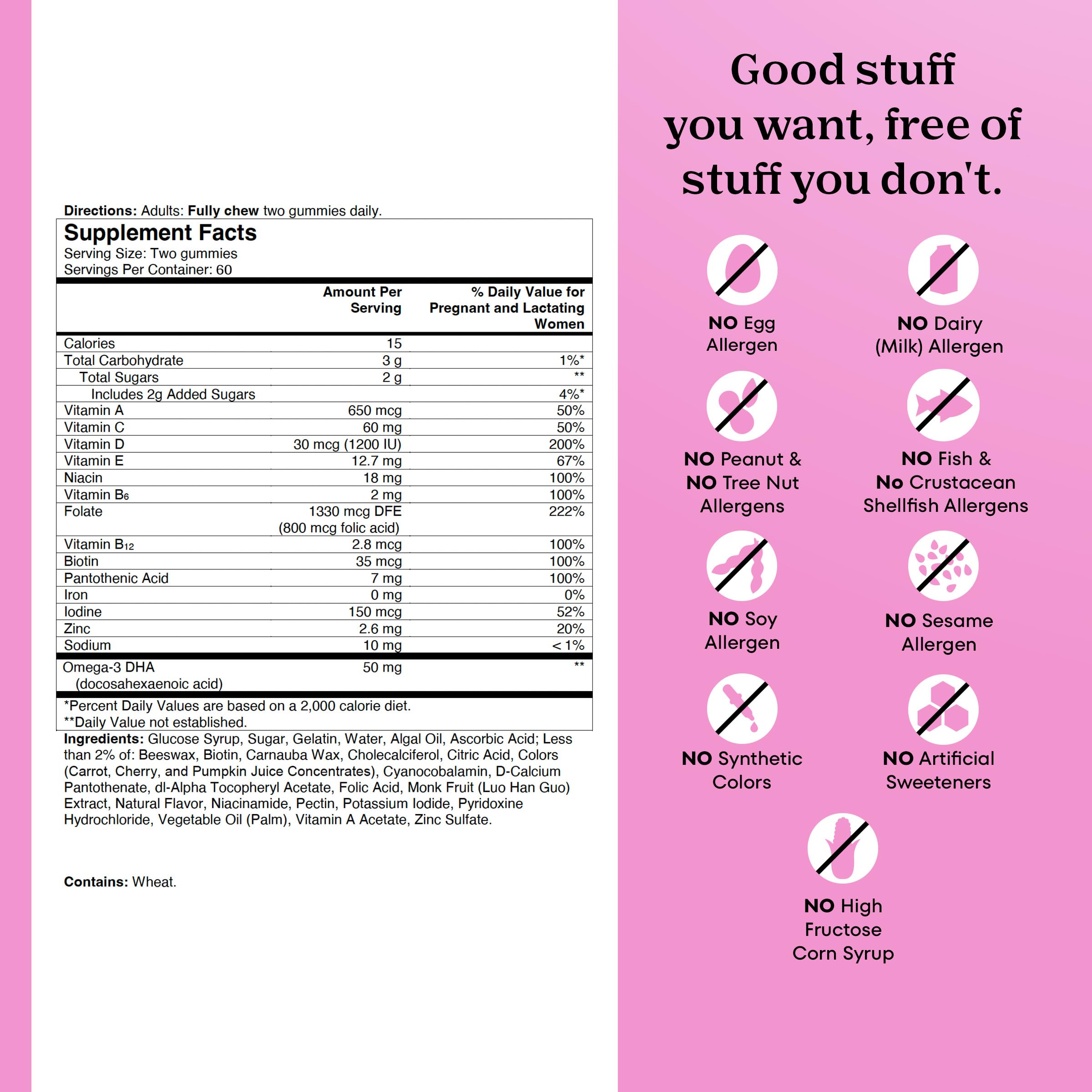 One A Day Prenatal Gummies gentle on stomach attribute badge emphasizes iron-free formula.
