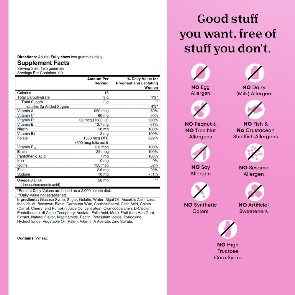 One A Day Prenatal Gummies gentle on stomach attribute badge emphasizes iron-free formula.