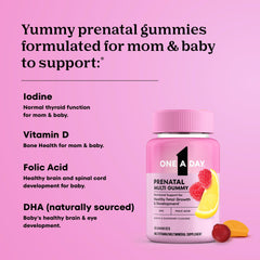 Close-up of One A Day Prenatal Gummies showing texture and chewable convenience.