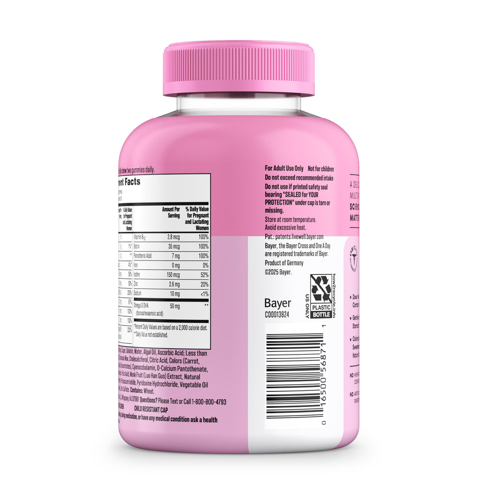 One A Day Prenatal Gummies lemon and raspberry flavor visuals invite daily consumption.