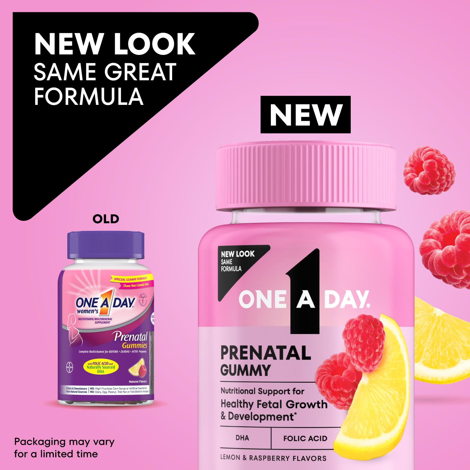 One A Day Prenatal Gummies raspberry bottle highlighting flavor and easy daily nutrition.