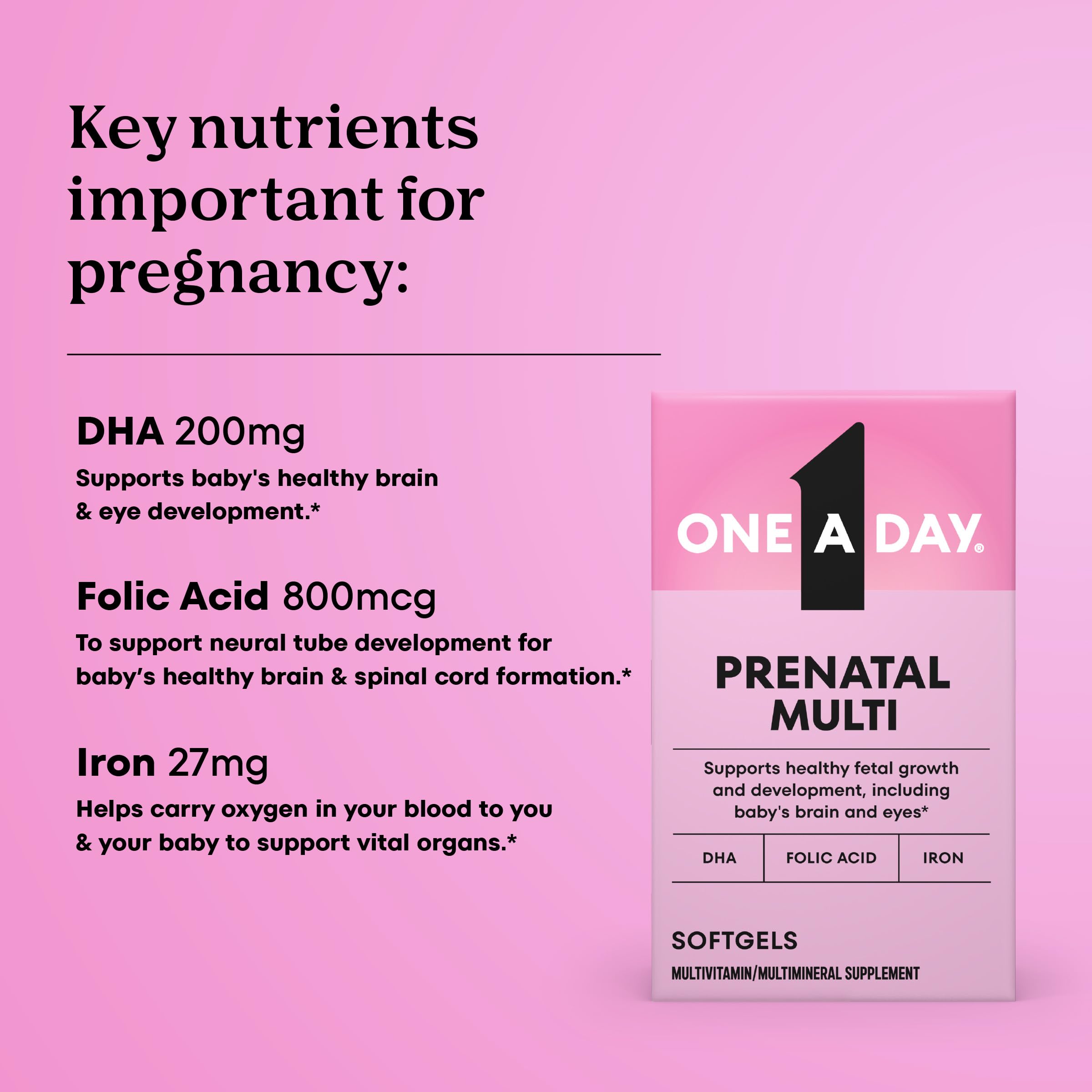 One A Day prenatal iron-DHA softgels close-up highlighting essential daily nutrition.