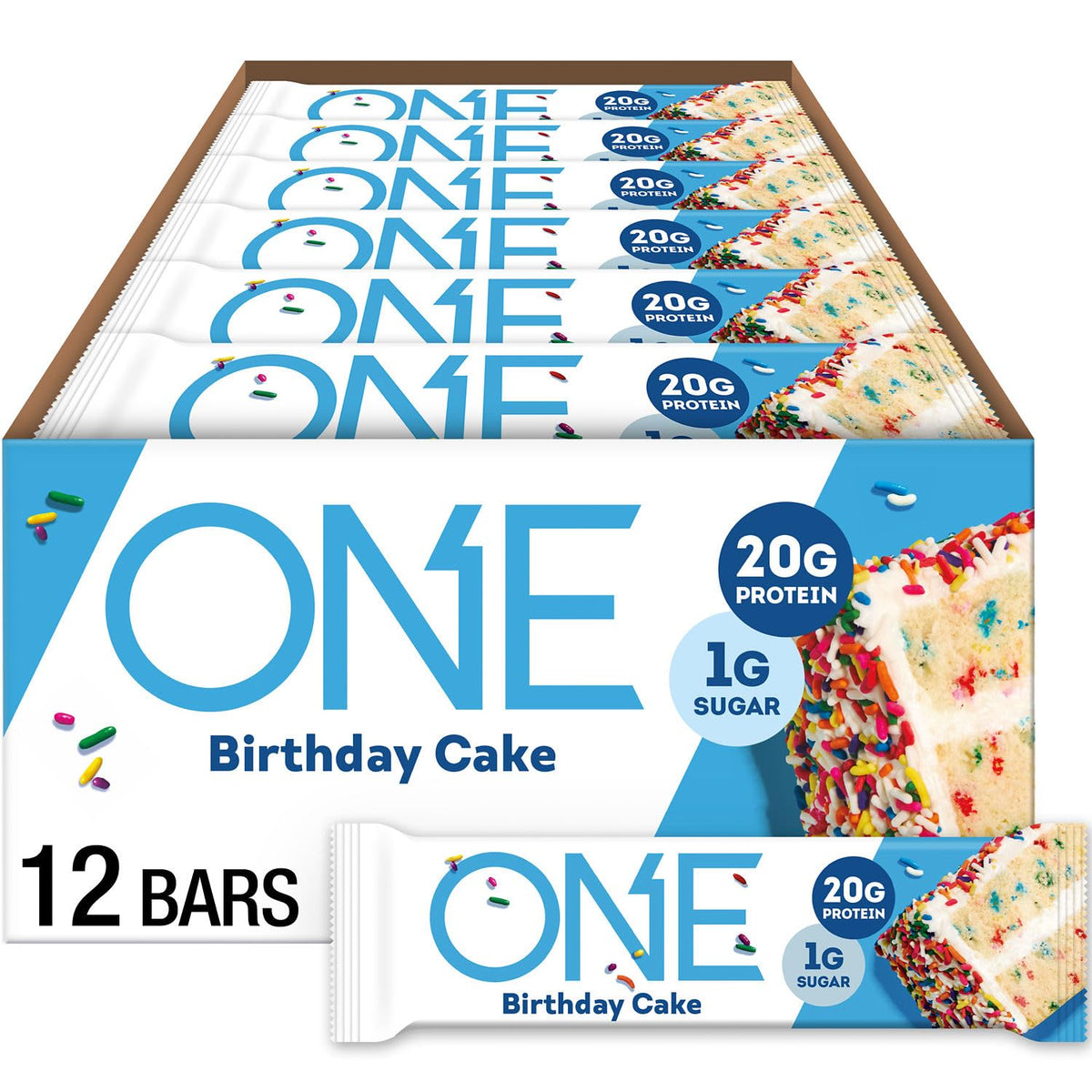 ONE Birthday Cake Bar pack shot showcases protein-packed snack for busy days.