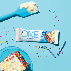 Wrapped ONE Birthday Cake Bar pack on shelf highlighting gluten-free option.