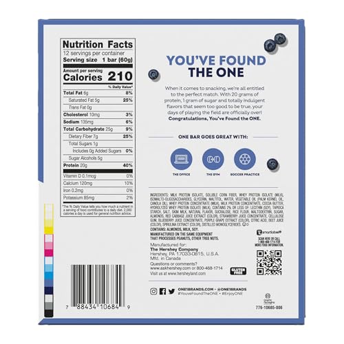 ONE Blueberry Cobbler bar in pack shows 20g protein and gluten-free formula