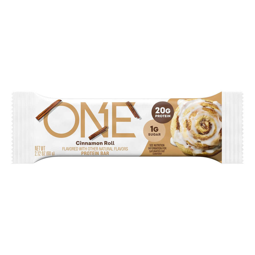 ONE Cinnamon Roll Bar on-the-go in a gym bag.