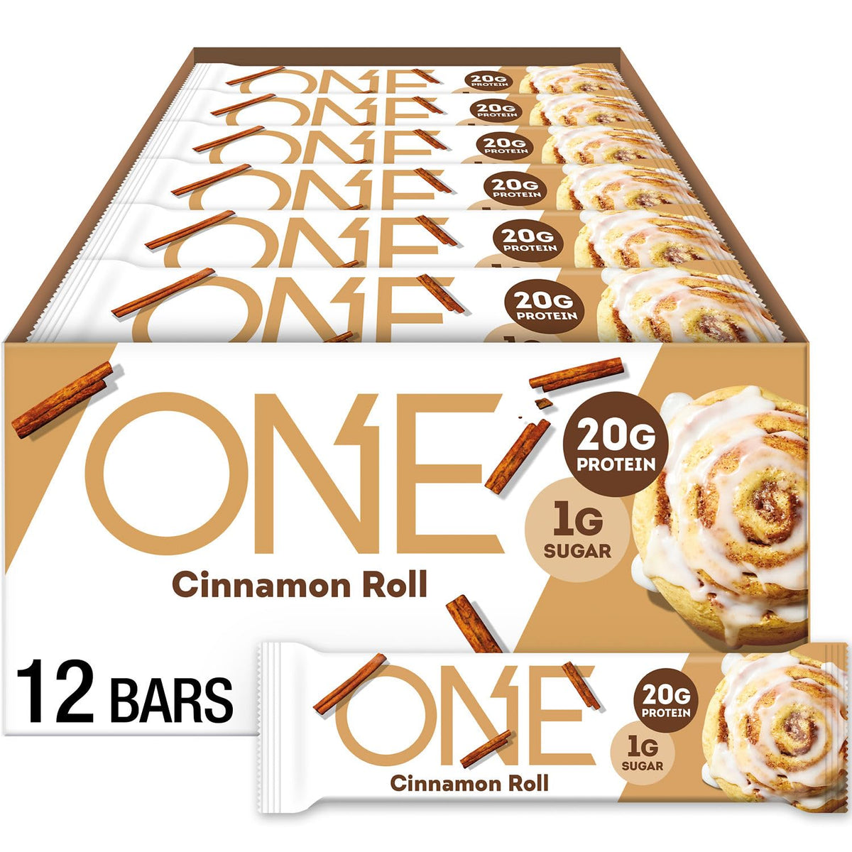 ONE Cinnamon Roll Bar packaging highlights gluten-free protein for on-the-go snacking.