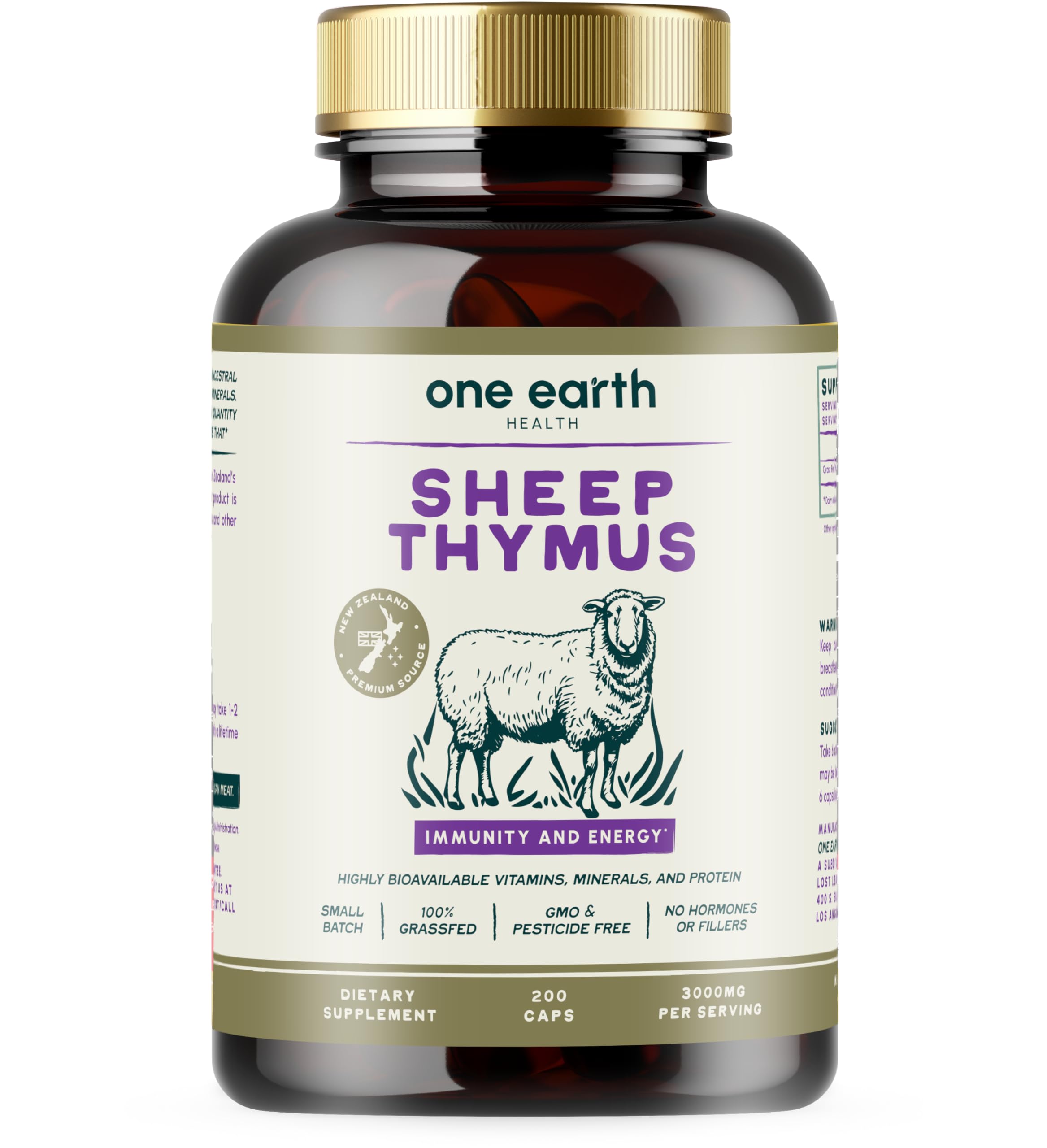 One Earth Health grass-fed thymus bottle showing pure thymus source for immune support.