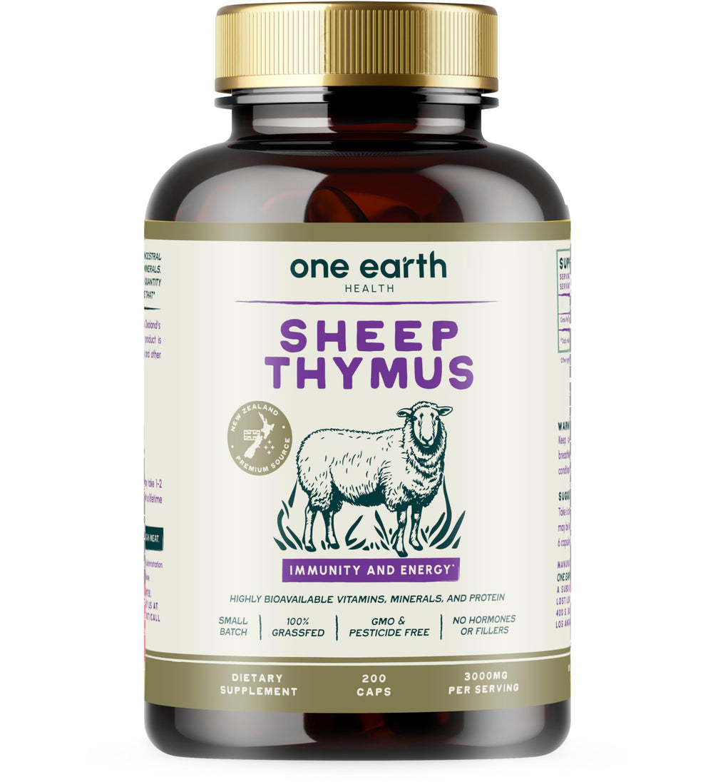 One Earth Health grass-fed thymus bottle showing pure thymus source for immune support.