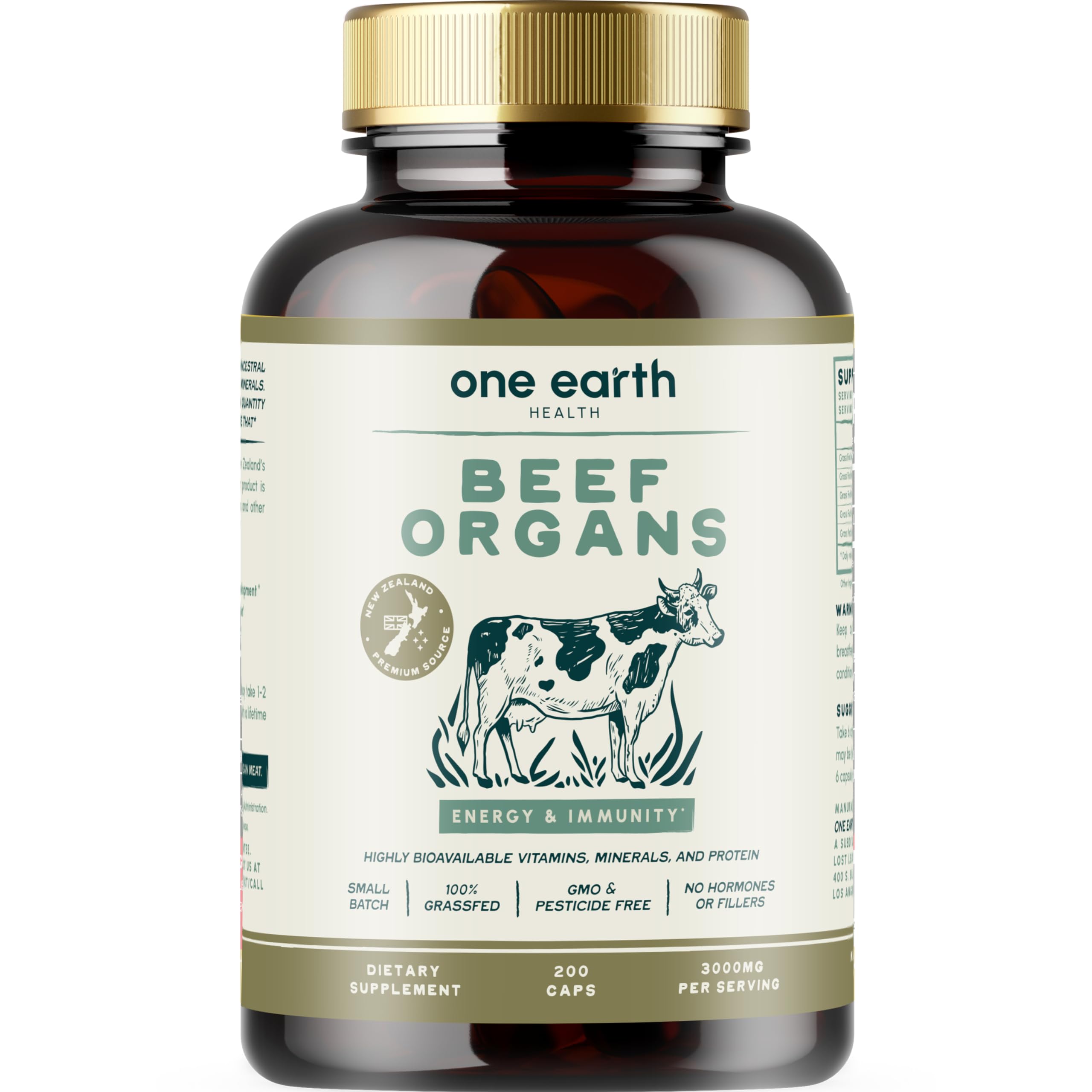 One Earth Health NZ beef organs bottle for daily vitality.
