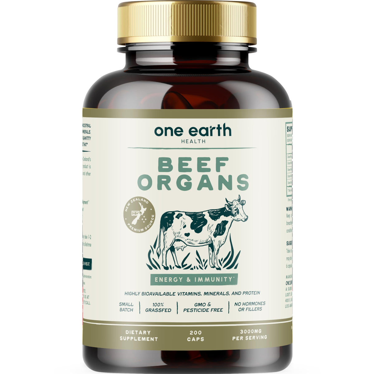 One Earth Health NZ beef organs bottle for daily vitality.